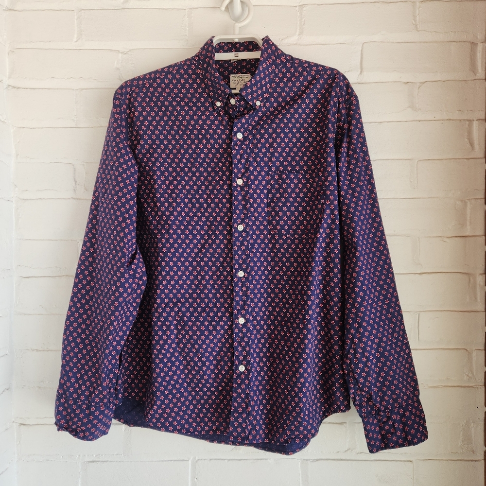 J Crew Secret Wash Slim Fit Long Sleeve Shirt Cotton Blend Navy Pink Sz Large